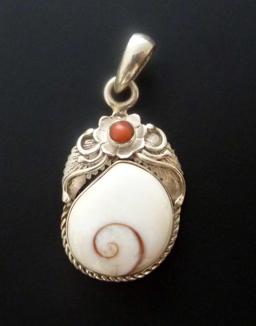 Sterling Silver Shiva Eye Pendant - Ooak Handmade Silver Pendant With Shiva Eye And Red Coral