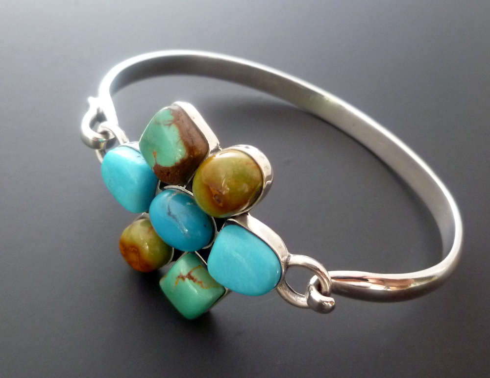Silver Turquoise Bangle - Sterling Silver And Turquoise Flower Bracelet -ooak