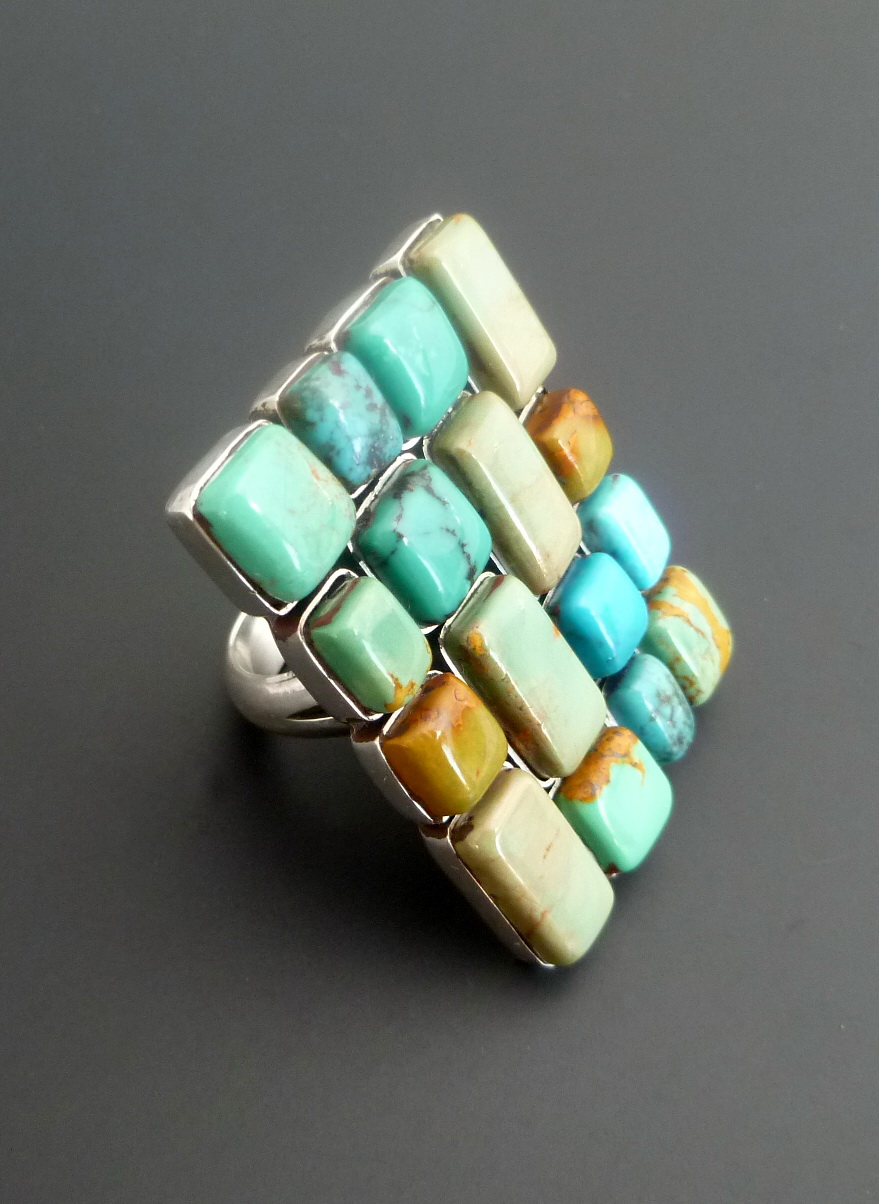 Turquoise Statement Ring - Huge Sterling Silver And Trurquoise Mosaic Statement Ring - Size 9.75